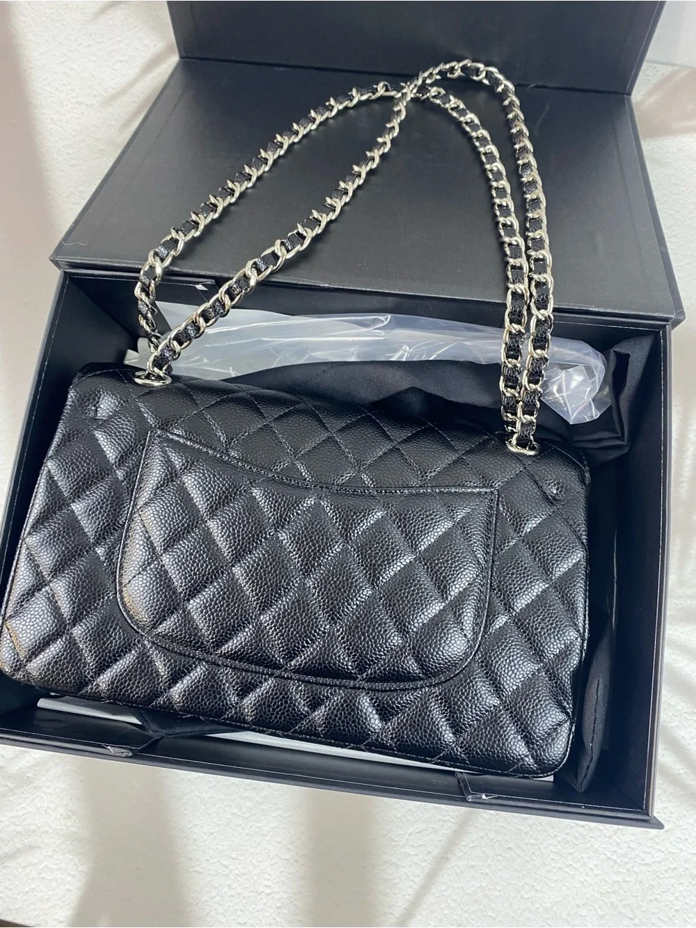 Chanel Black Quilted Caviar Leather Shoulder Bag with Silver Chain